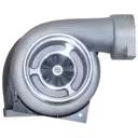 Front view of 8N6554 TL8106 turbocharger showing compressor inlet and turbine wheel