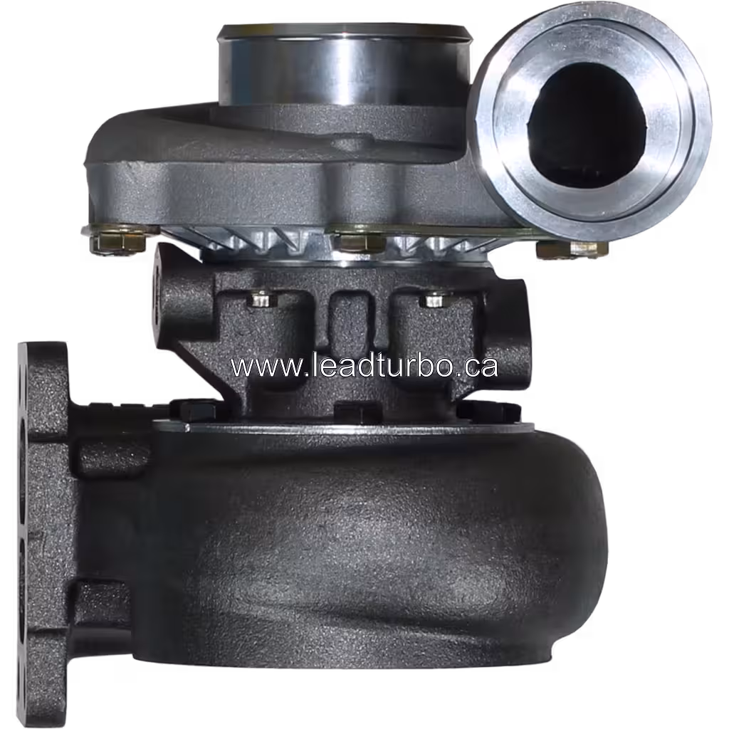 AR100241 TO4B87 turbocharger front view with dark grey turbine housing and silver compressor housing