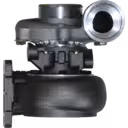 AR100241 TO4B87 turbocharger front view with dark grey turbine housing and silver compressor housing