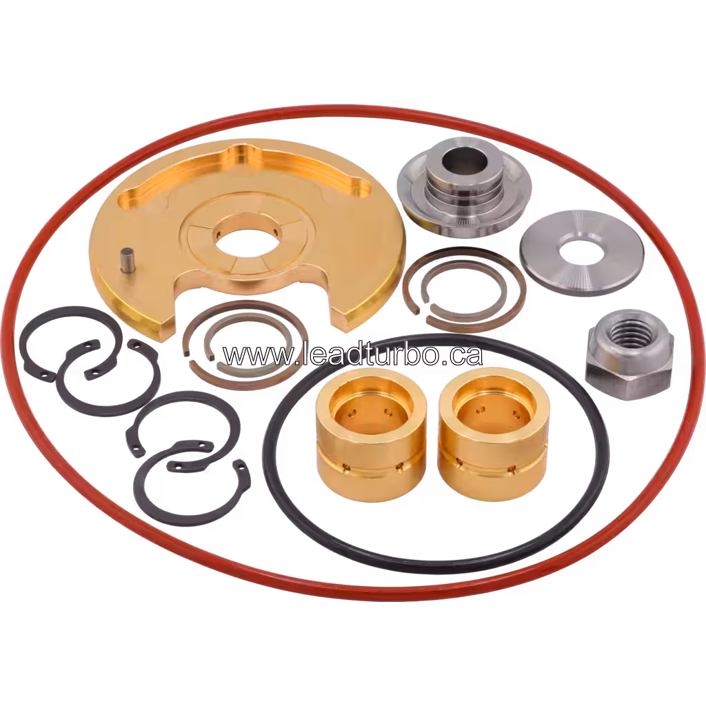 J96 turbocharger repair kit with gold compressor cover, silver turbine housing, and assorted O-rings