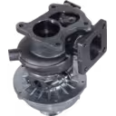 Kia J3CR turbocharger bottom view showing mounting flanges and cooling fins