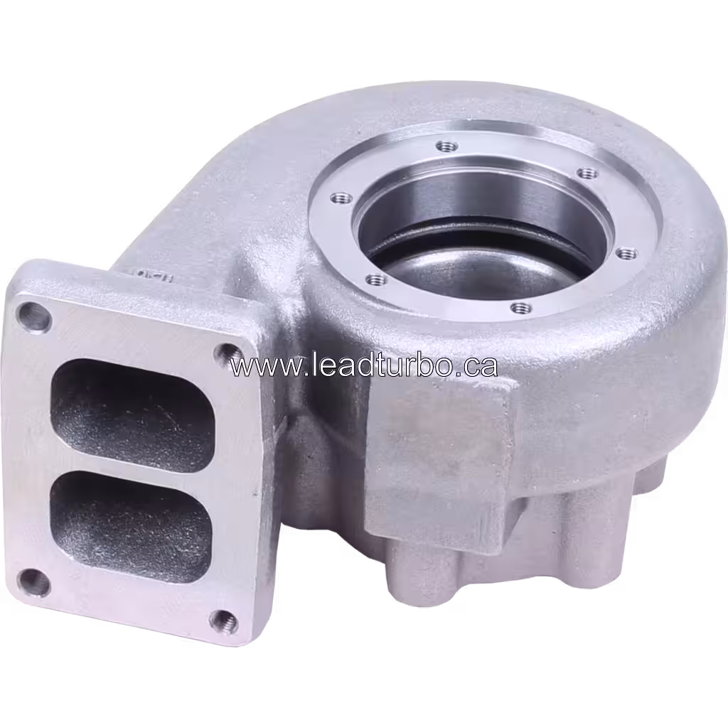 Turbine housing HX50W vue de dessus à 45 degrés montrant les passages de refroidissement
