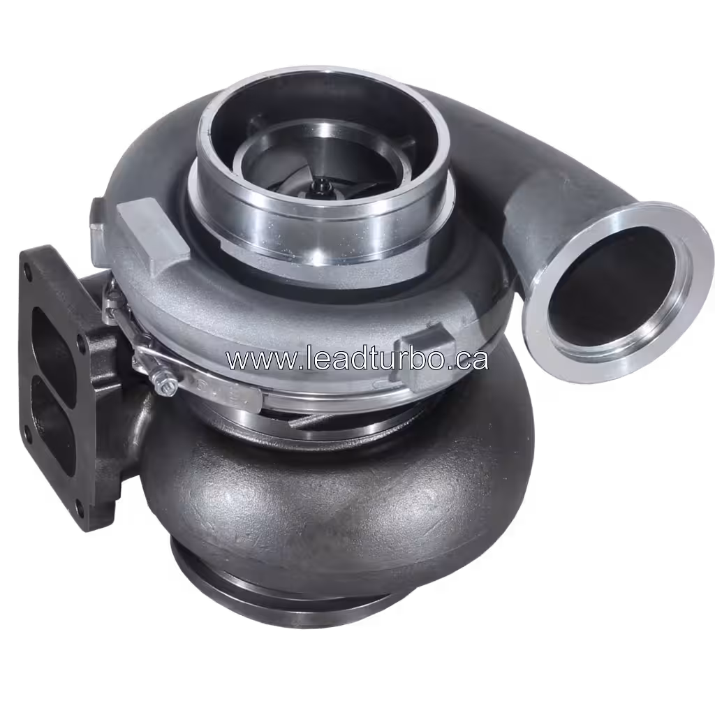 Vue du turbocompresseur Detroit Diesel S60 avec brides V-band et sortie compresseur circulaire