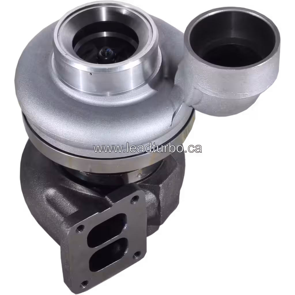 Turbocompresseur 318294 S400 vue de dessus à 45 degrés montrant le flange d'échappement à deux ports