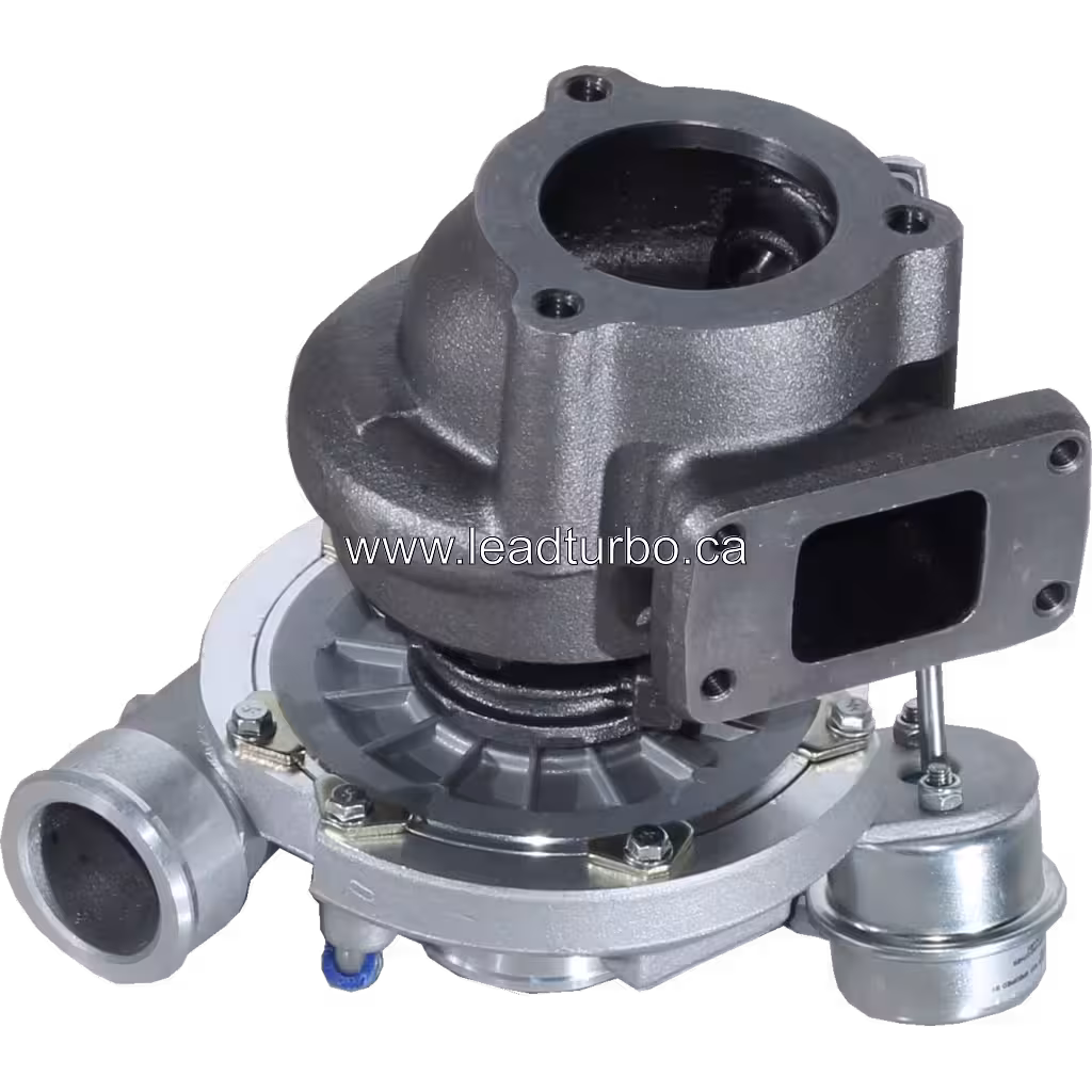 Vue de dessous du turbocompresseur 32006083 avec carter turbine gris foncé