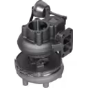 Turbocompresseur D6E vue inférieure montrant le boîtier turbine et la bride d'échappement