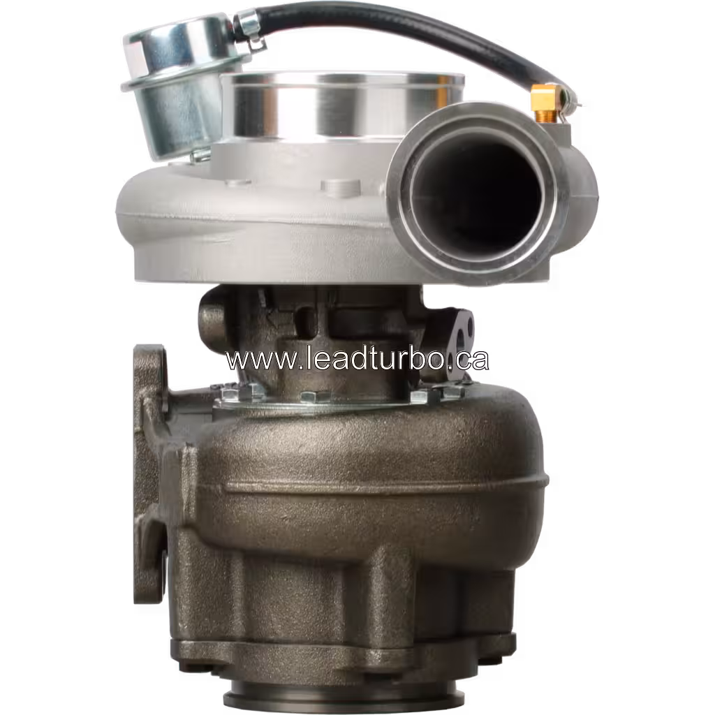 Vue avant du turbocompresseur HX40W 2881753 avec carter compresseur et flexible VNT
