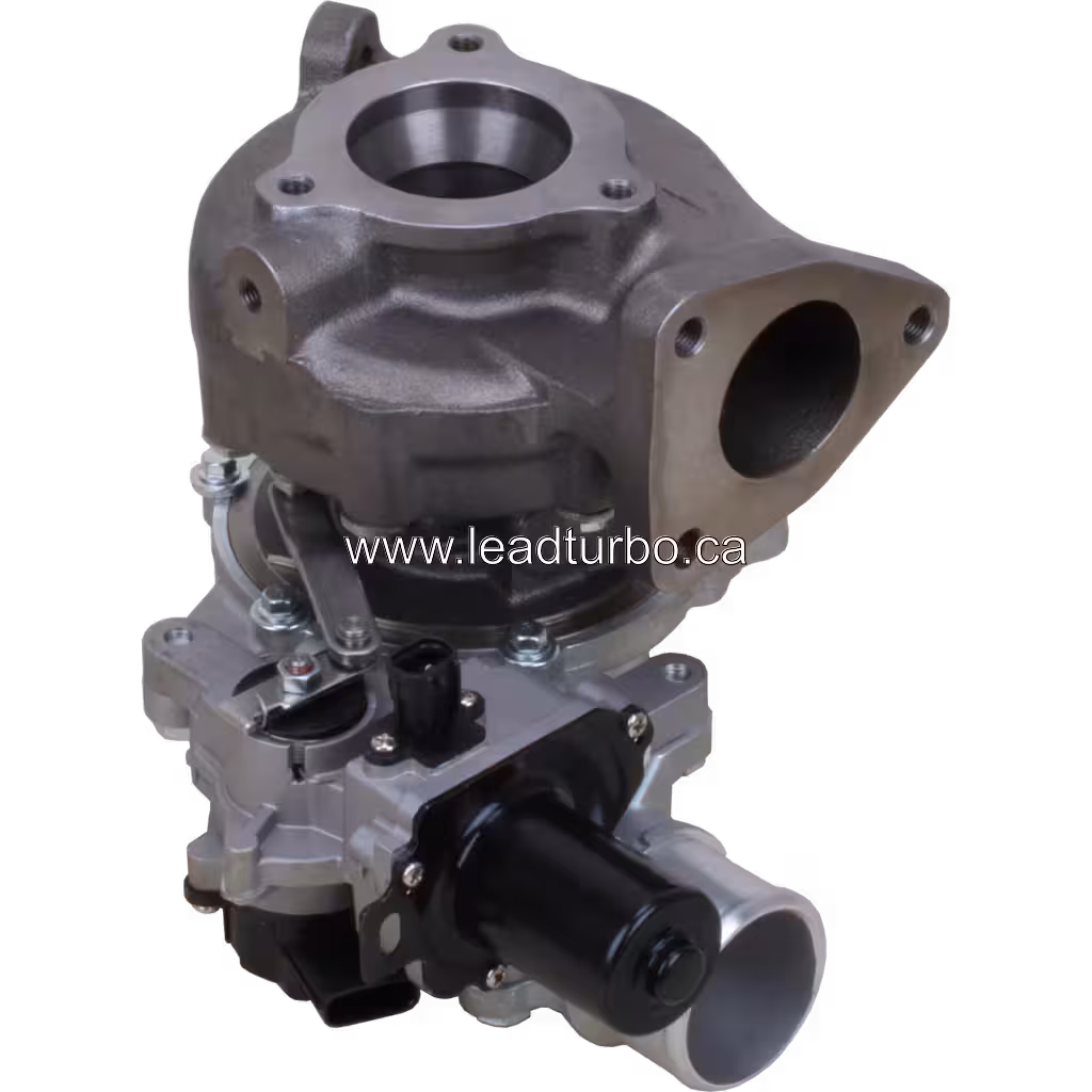 Turbocompresseur 17201-0L071 vu de bas avec ports d'huile et boulons hexagonaux