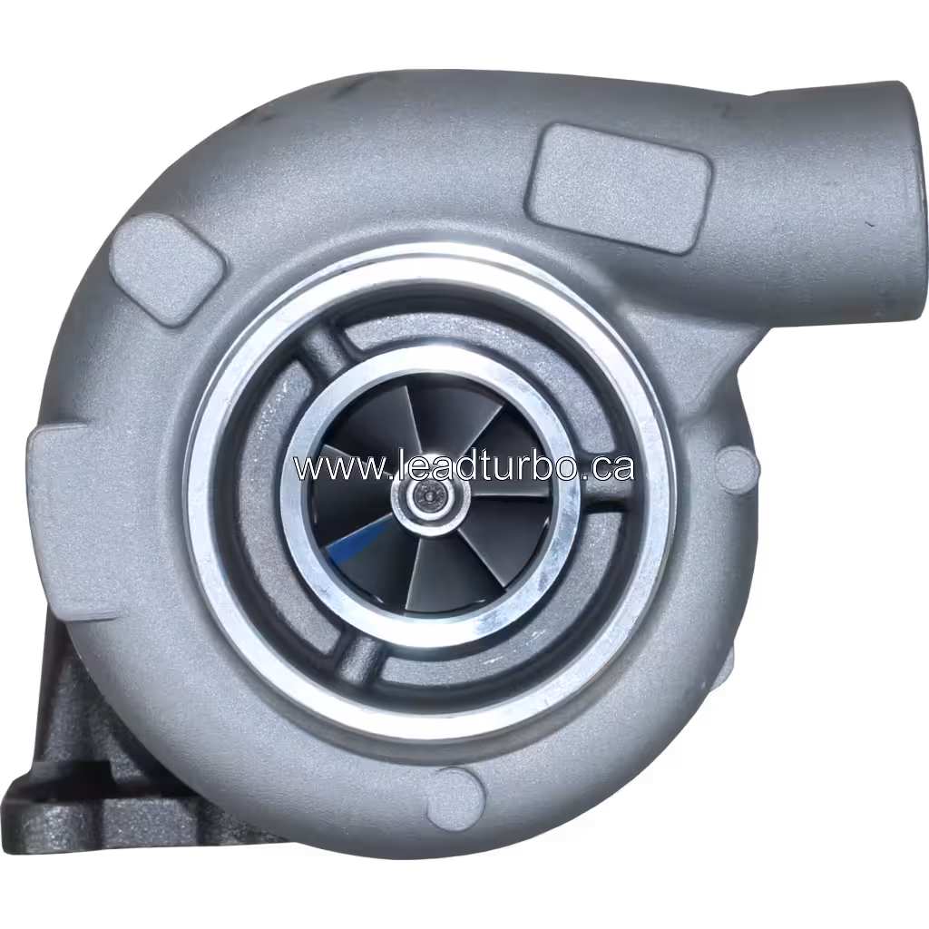 1151179 S2ESL119 turbocharger front view showing compressor wheel and two-port turbine housing