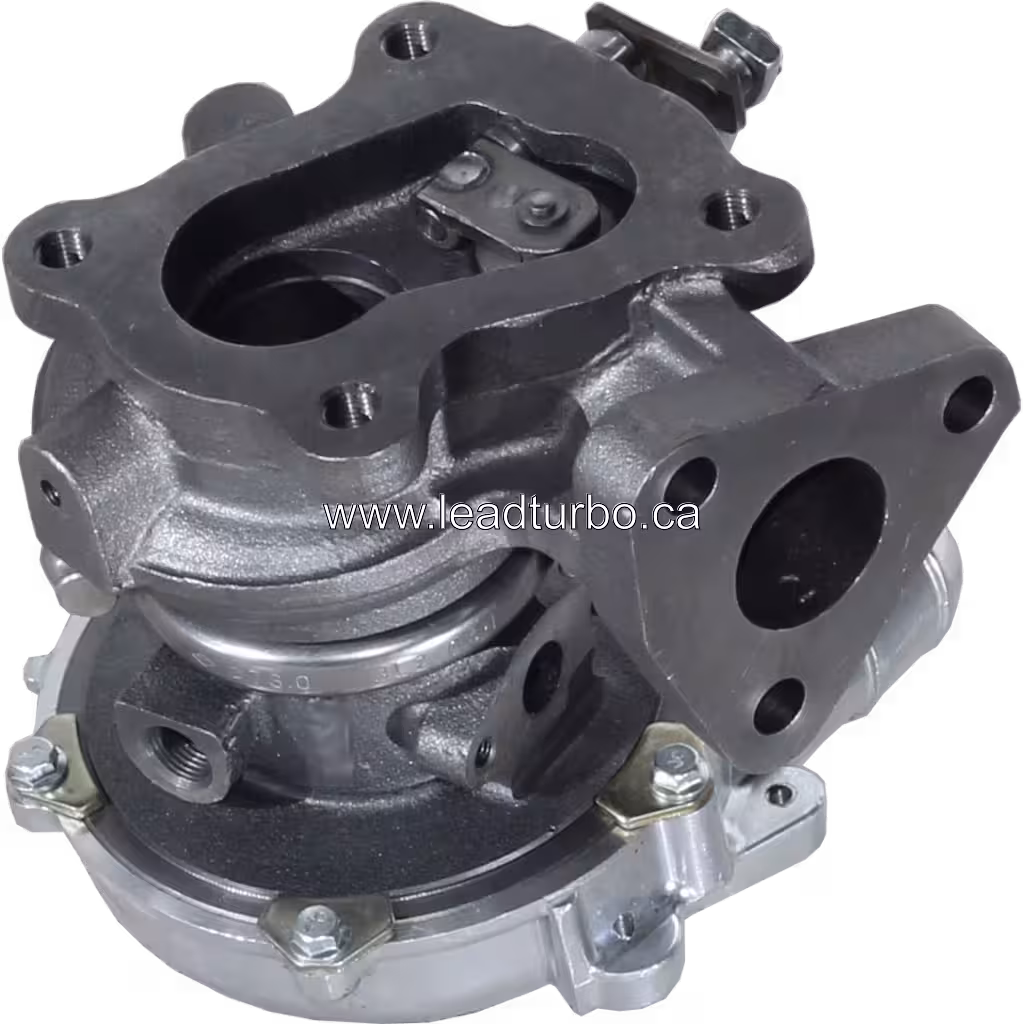 1515A029 turbocharger bottom view showing turbine housing and mounting flanges