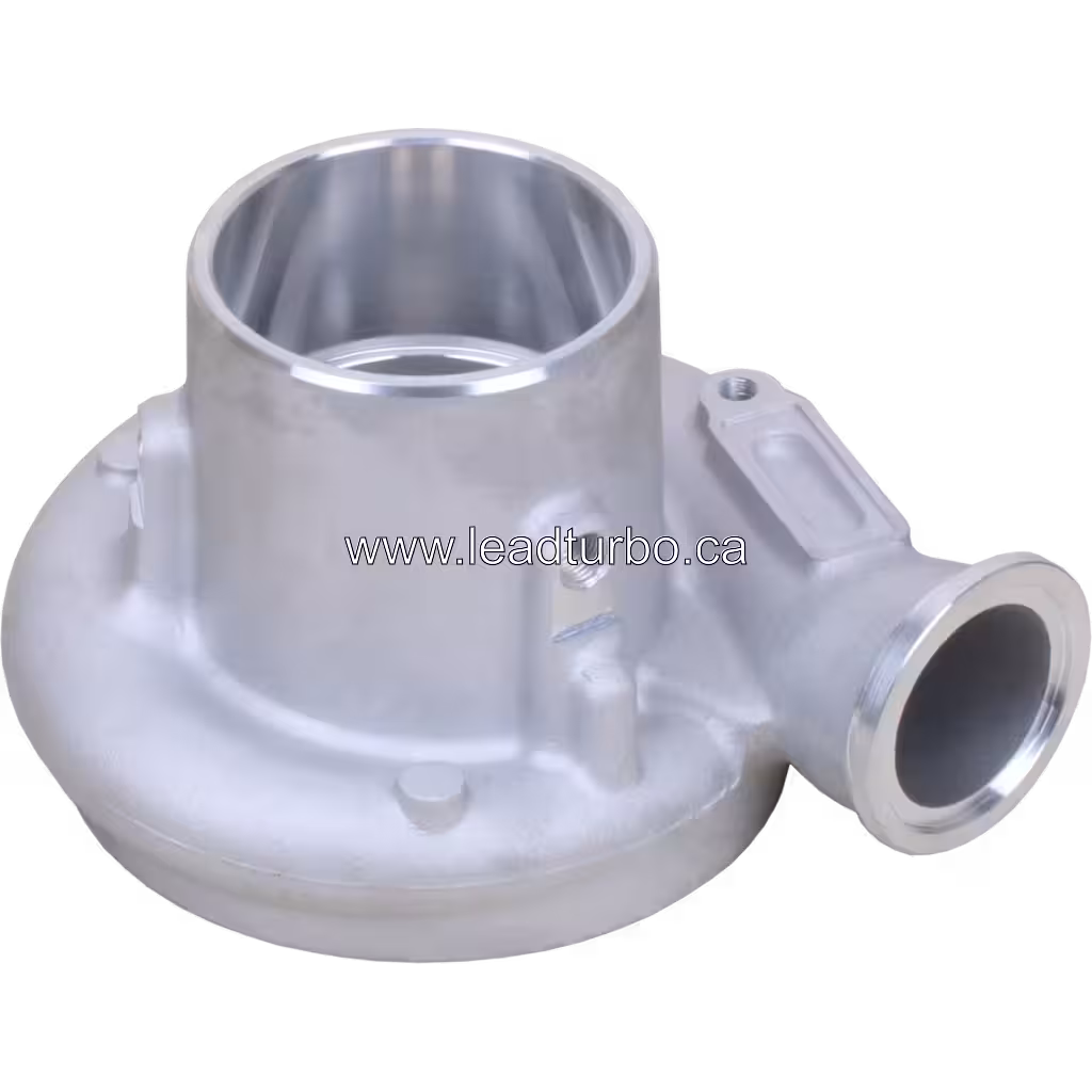 Silver cast metal turbo compressor housing with central bore and side outlet port