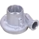 Silver cast metal turbo compressor housing with central bore and side outlet port