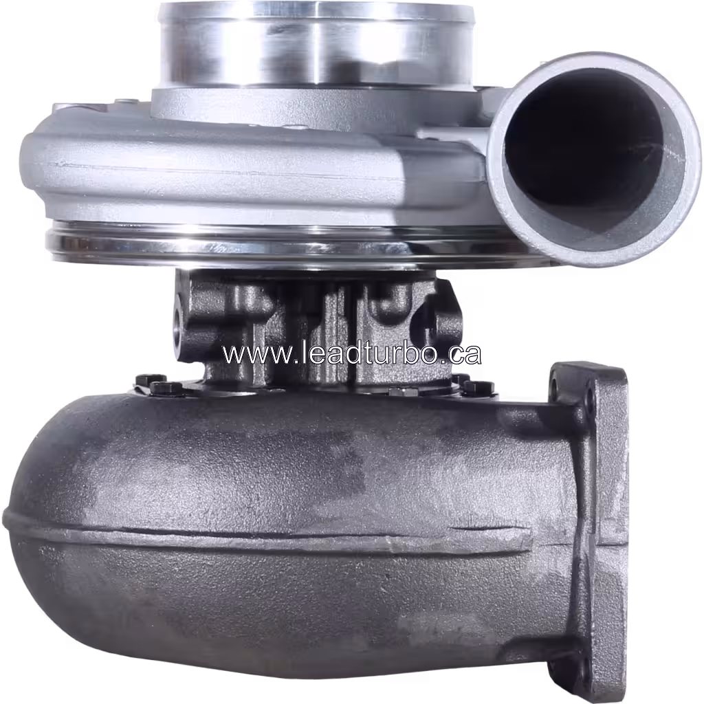 3594143 HC5A Turbocharger front view with silver compressor housing and dark grey exhaust housing