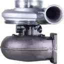 3594143 HC5A Turbocharger front view with silver compressor housing and dark grey exhaust housing