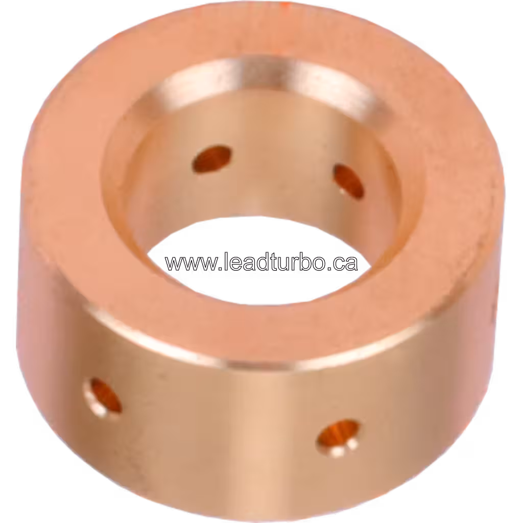 Machined metal turbo bearing with visible oil holes