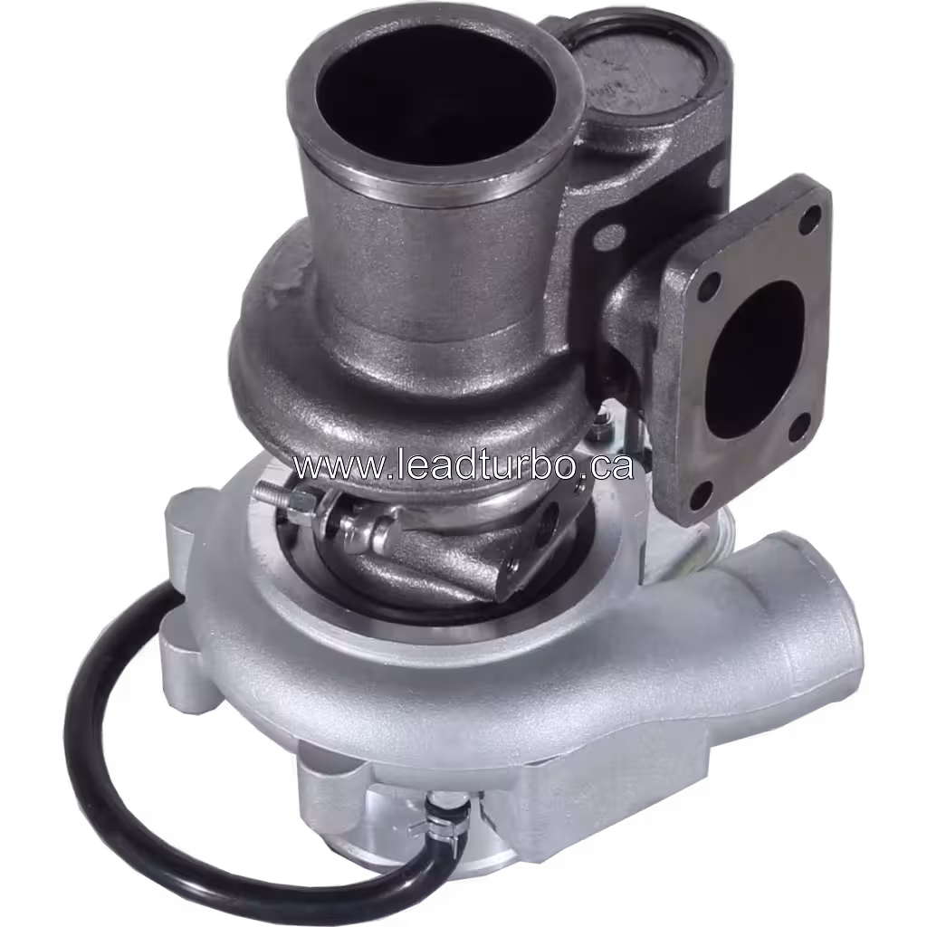 Bottom view of 4038790 HX25W turbocharger showing turbine wheel and square exhaust flange