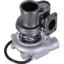 Bottom view of 4038790 HX25W turbocharger showing turbine wheel and square exhaust flange
