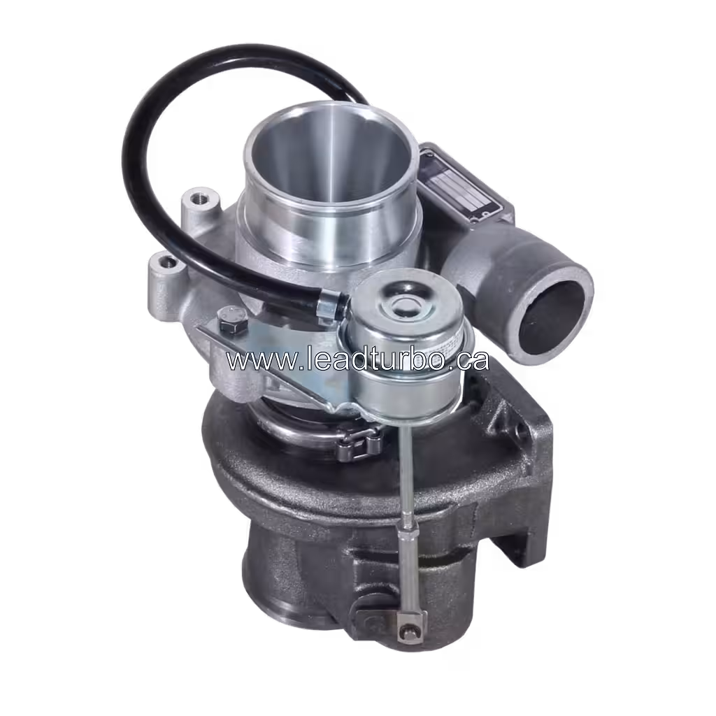 Top view of 4038790 HX25W turbocharger showing VGT actuator and related hardware assembly