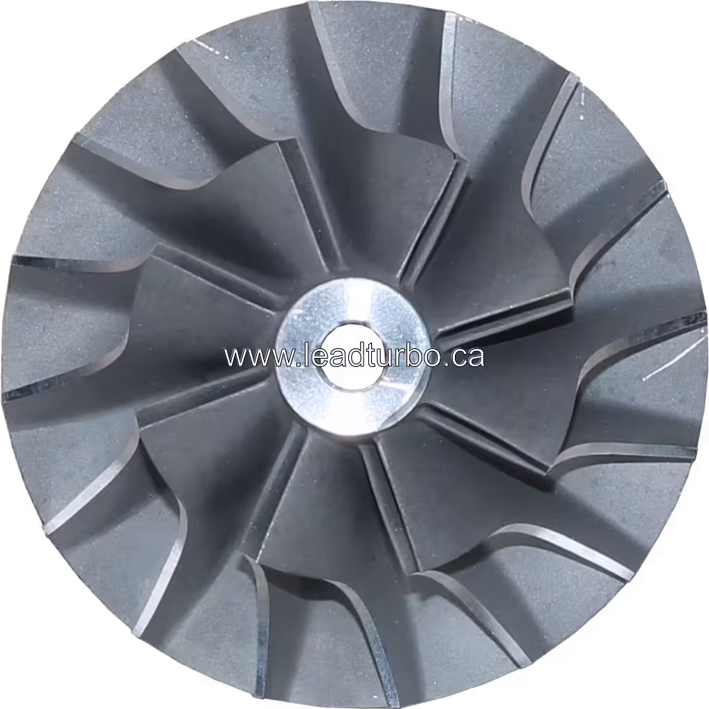 TO4B87 turbocharger compressor wheel, machined metal surface, top view