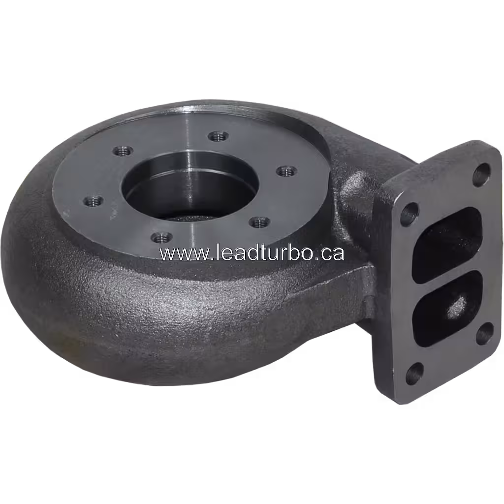 Cast metal TO4E10 turbine housing top view showing six-bolt central mounting flange