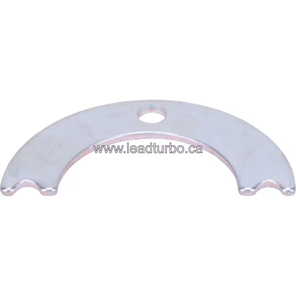 Silver arch-shaped metal clamp plate with central hole