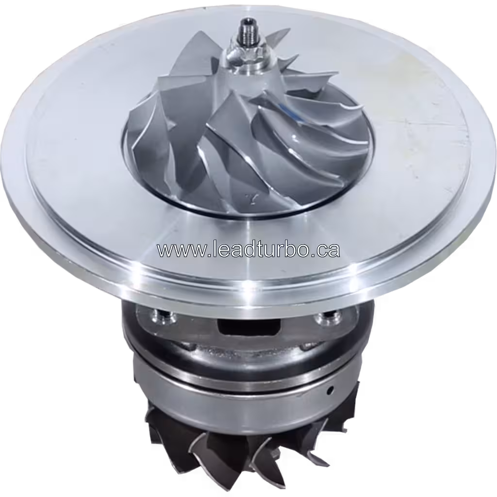 45-degree top view of TO4E06 turbo core shaft and compressor