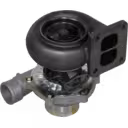 Bottom view of TO4B59 turbocharger revealing internal turbine wheel and central bearing housing