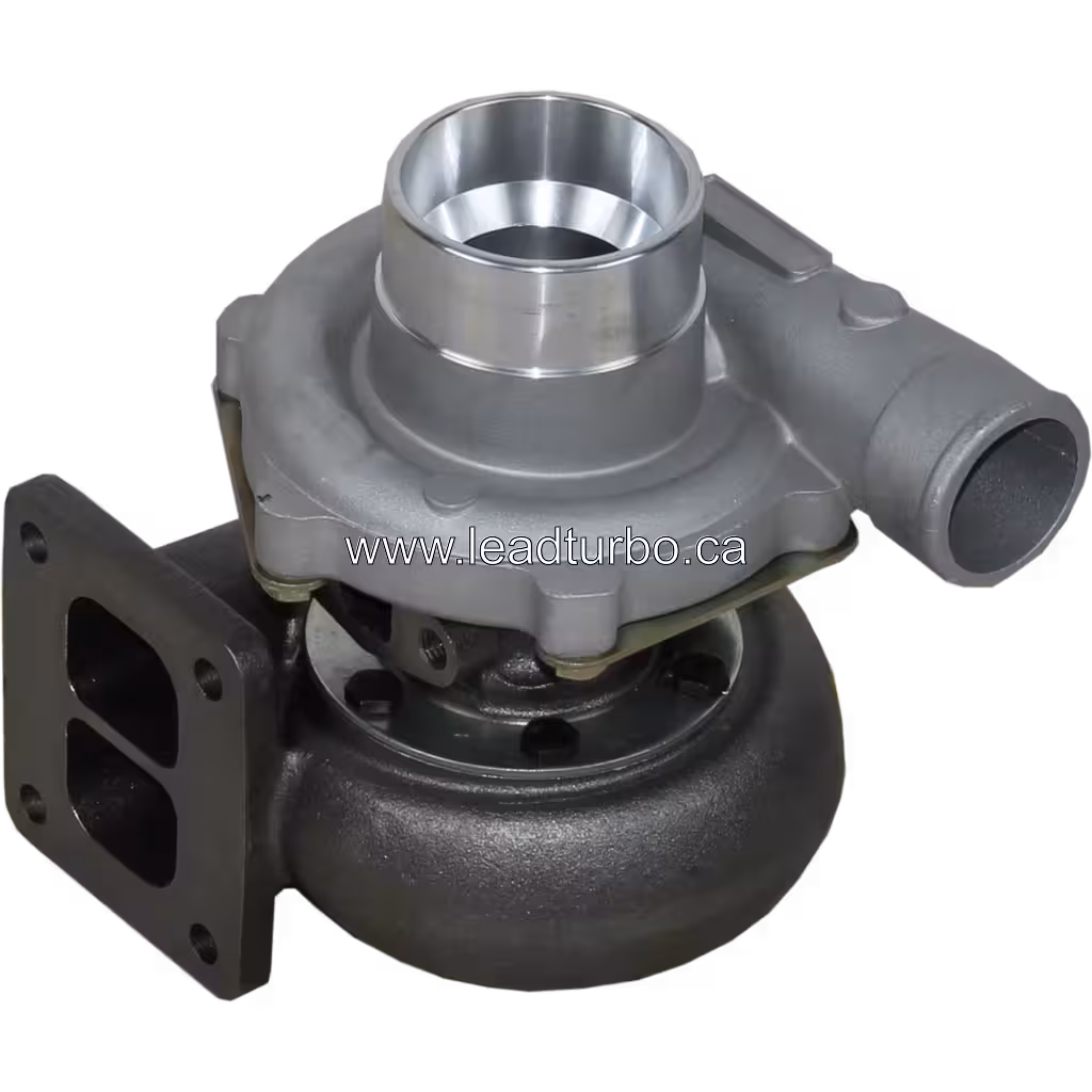 Front view of aftermarket 6138-82-8200 turbocharger assembly showing polished inlet and mounting flange