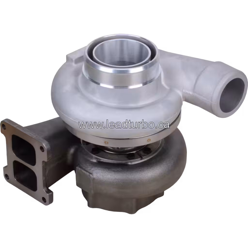 6502-52-5040 turbocharger top view showing two-port exhaust flange and compressor outlet