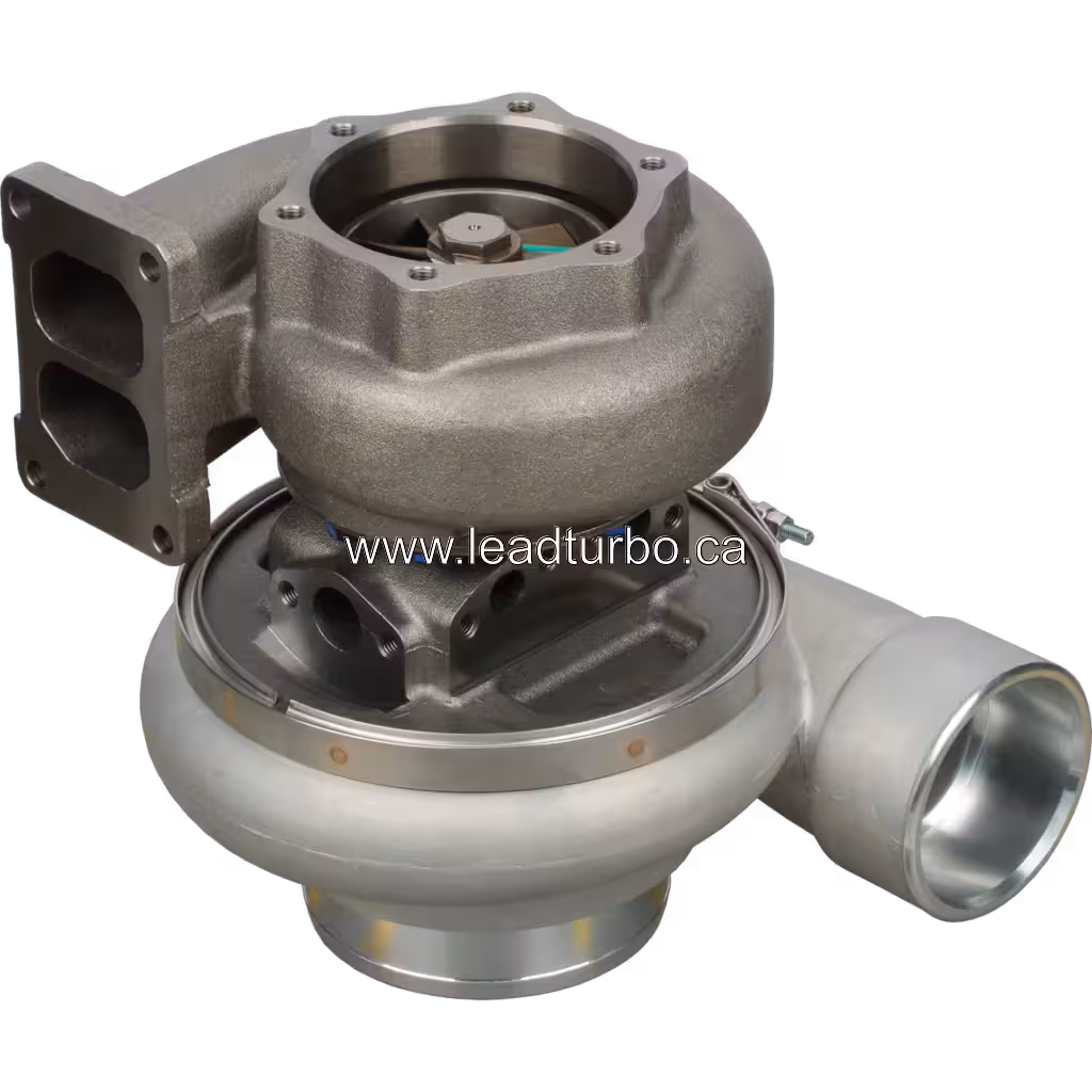 Bottom view of 6505-67-5010 turbocharger showing turbine housing and mounting flange