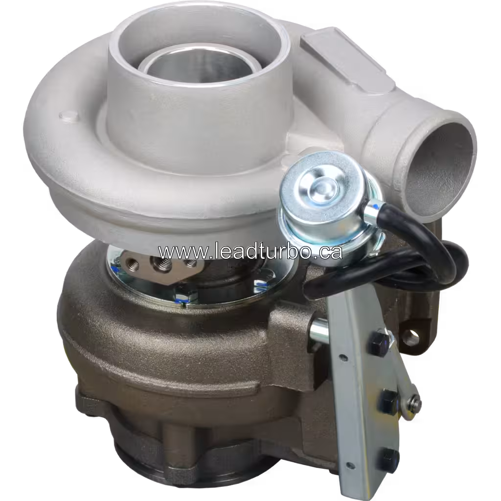 WH1E turbocharger featuring a four-port exhaust manifold and silver actuator with black cable