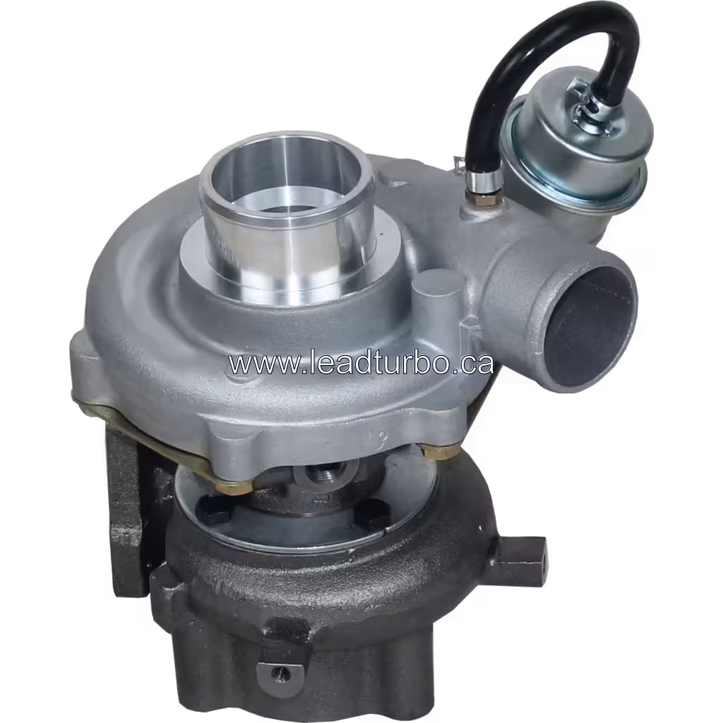 GT2560S turbocharger top view showing integrated actuator and V-band flange