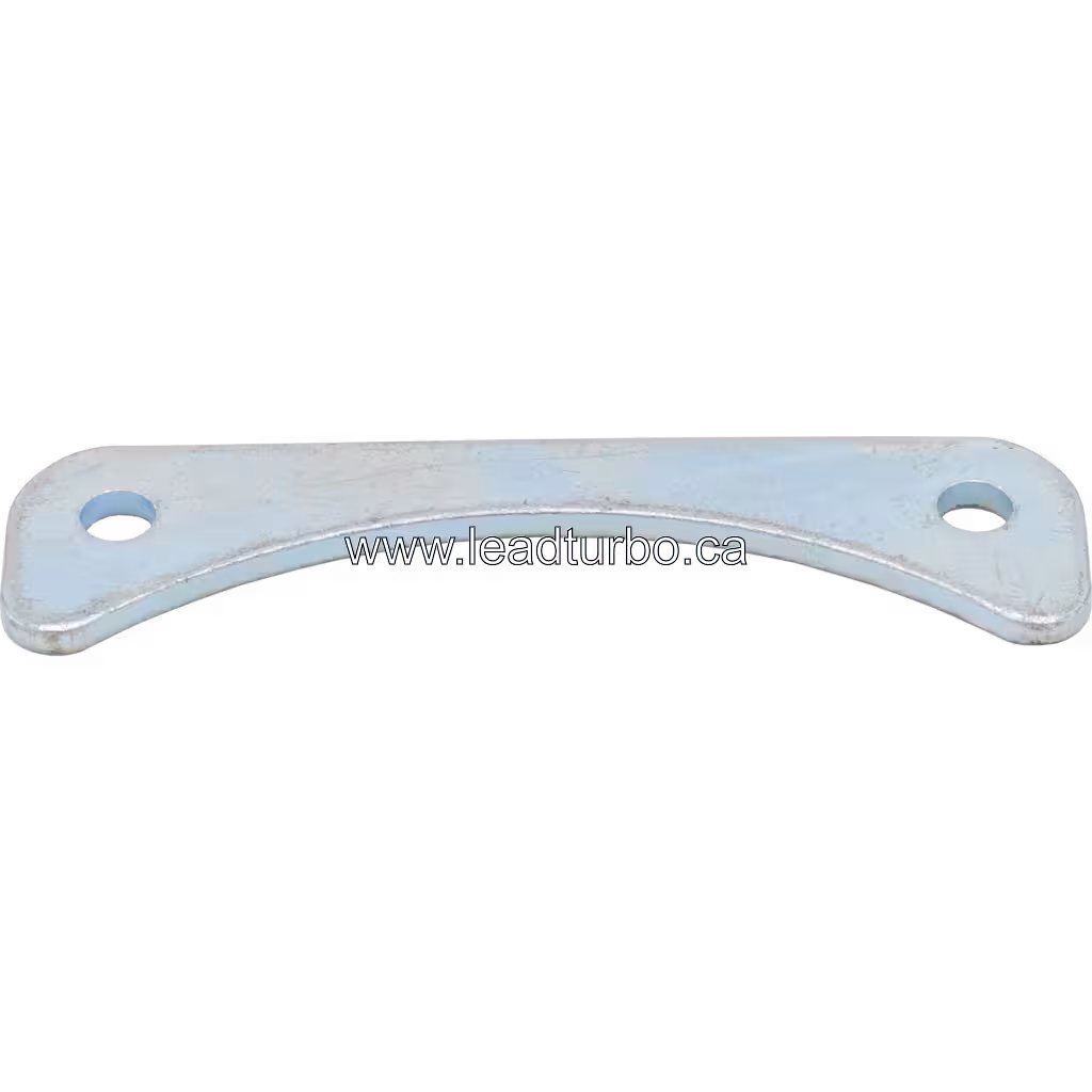 Top view of curved metal clamp plate with two mounting holes