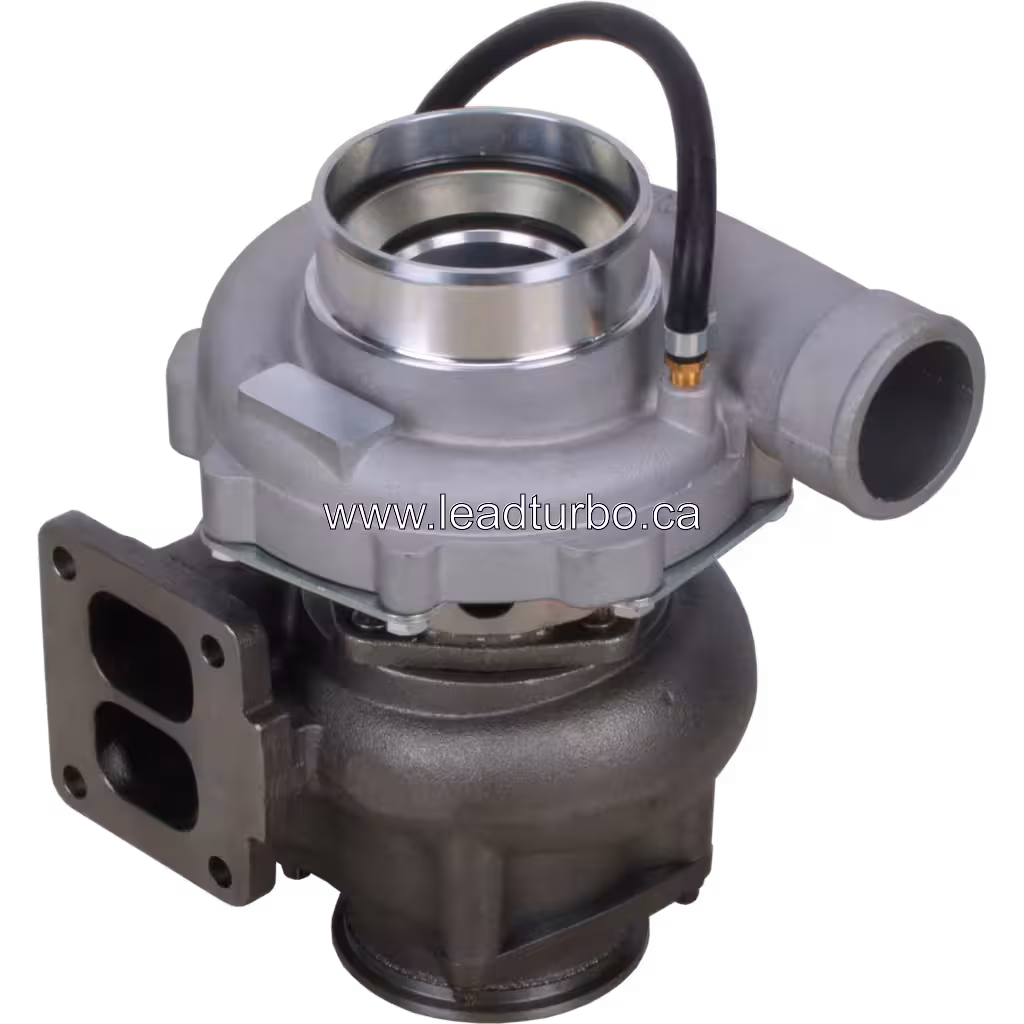 Front view of GT3782 turbocharger showing two-hole exhaust flange and waste gate actuator