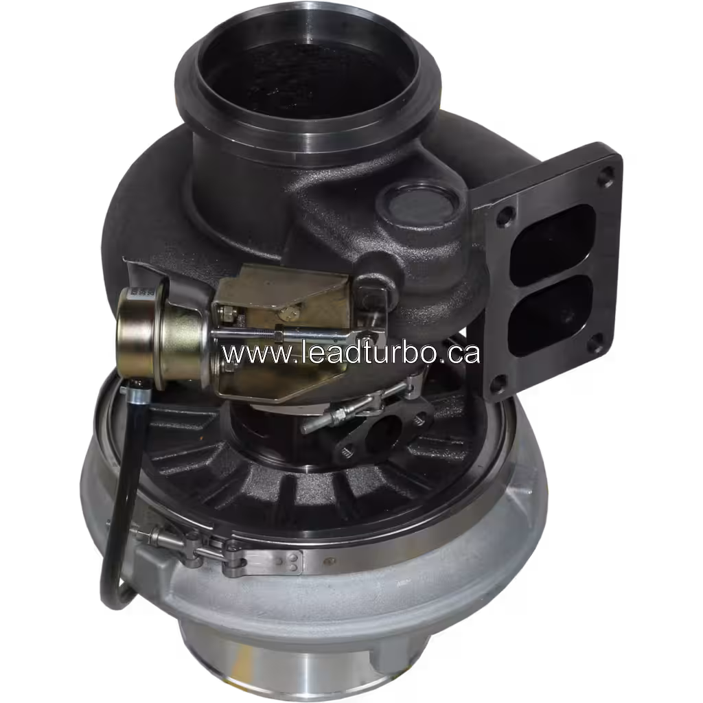 Bottom view of 750058-5001 turbocharger showing internal turbine wheel and cast-iron housing