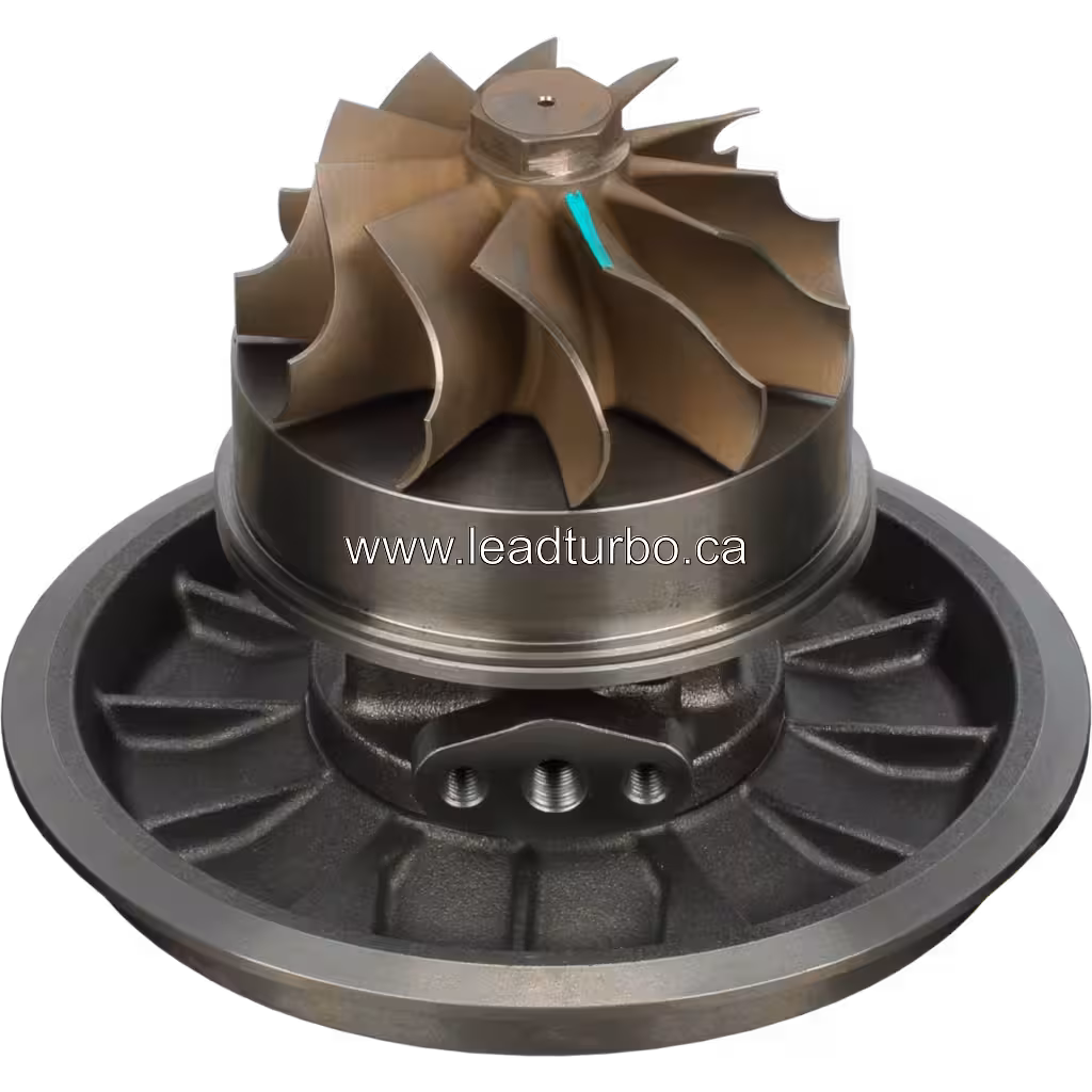 Vue de dessous à 45 degrés montrant la roue turbine et le bride du core FOR 407370-5