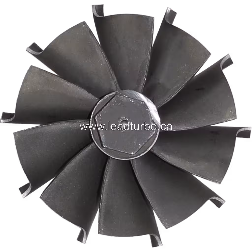 Vue de dessus de la roue de turbine 728444-0001 montrant les aubes radiales et l'écrou central