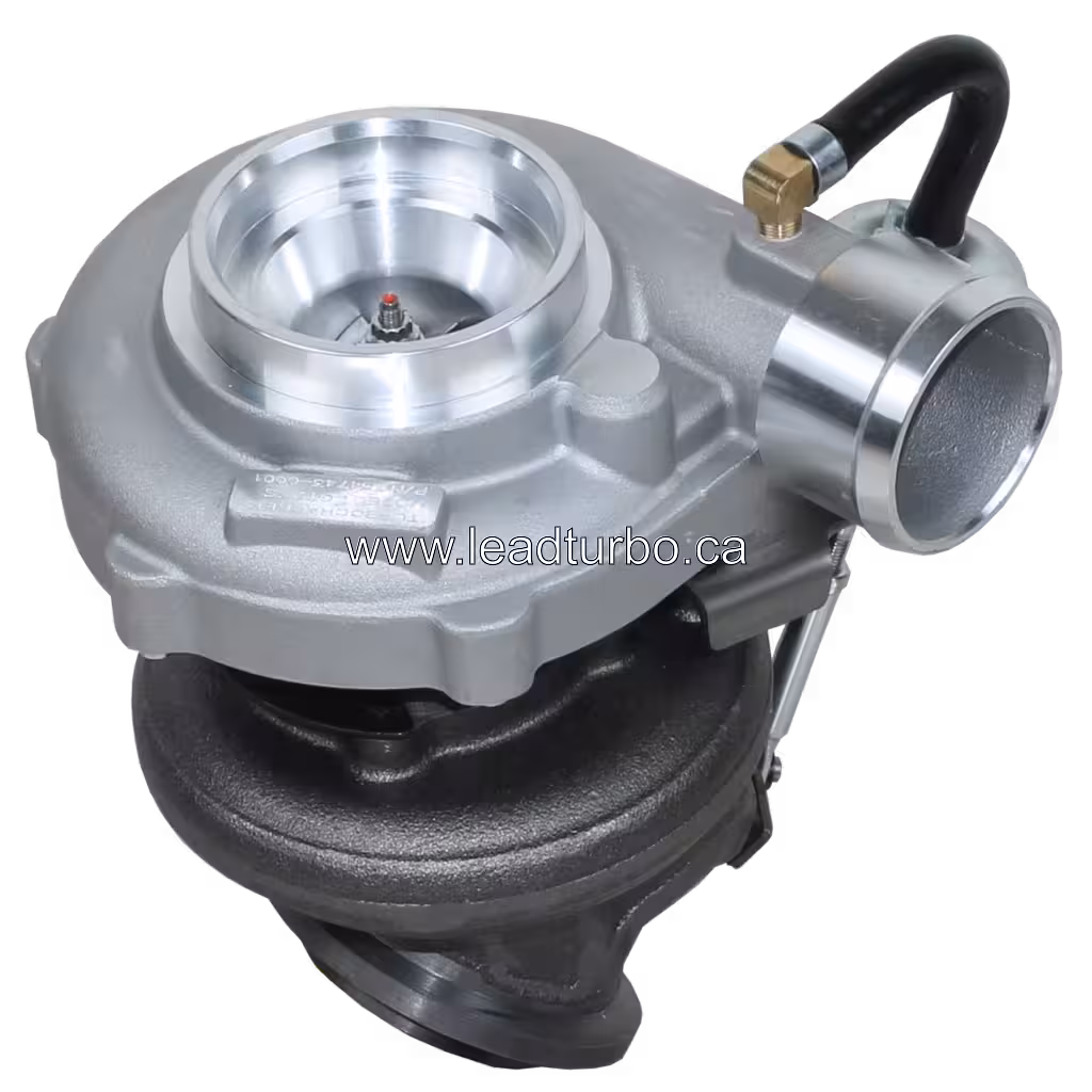 Vue de dessus du turbocompresseur GT25S avec actionneur et sortie compresseur