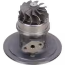Turbocharger core bottom view showing turbine wheel and mounting flange