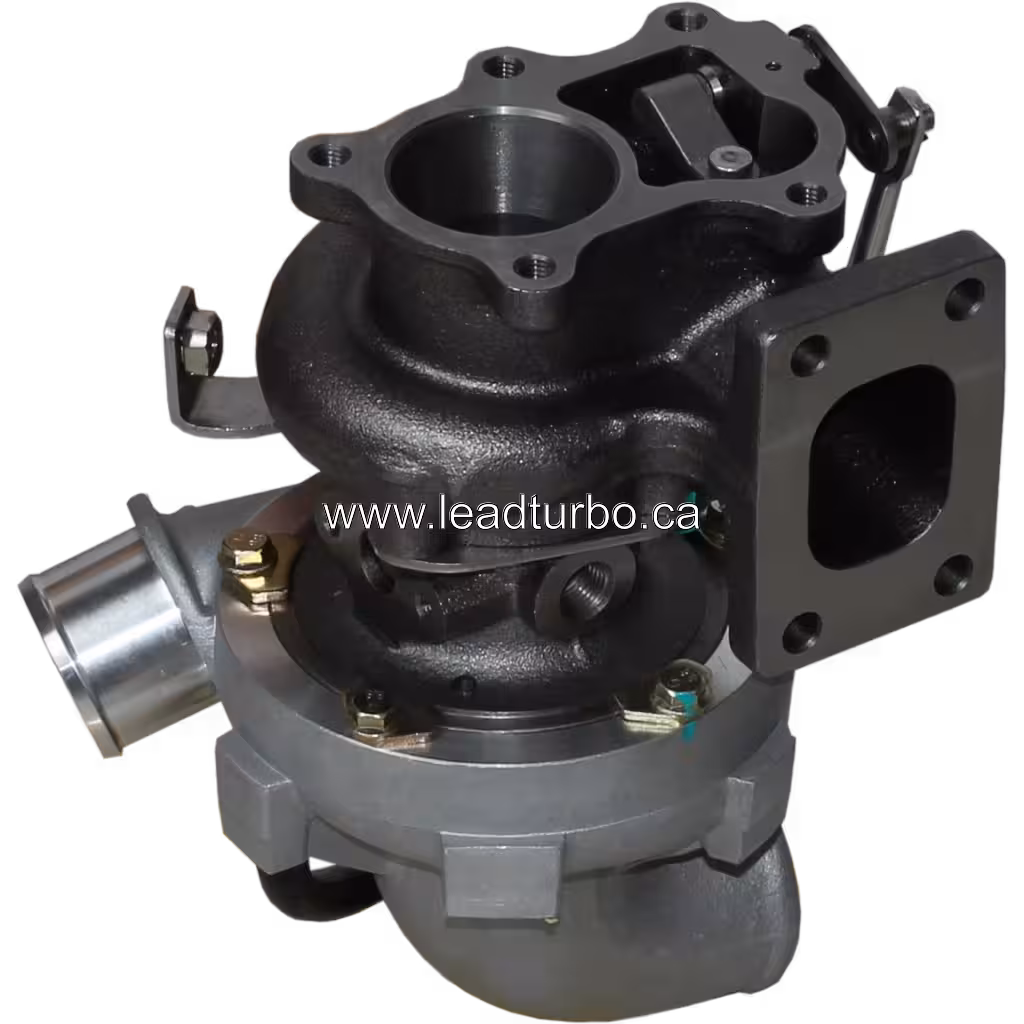 HT12-11B turbocharger front view showing square turbine inlet flange and flexible hose