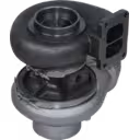 Bottom view of 178106 S4DS-011 turbocharger showing black turbine housing and exhaust flange