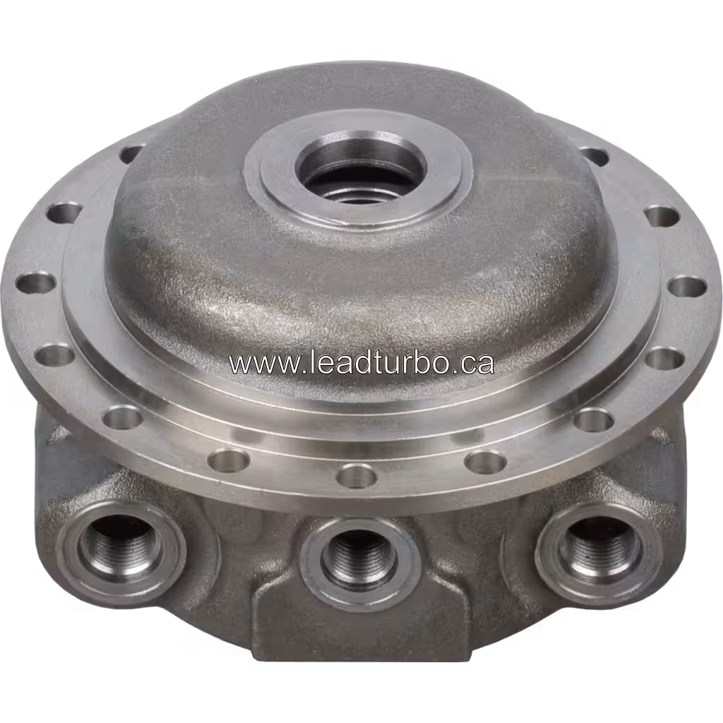 Bottom view of 3536591 HX83 housing with threaded ports and mounting flange