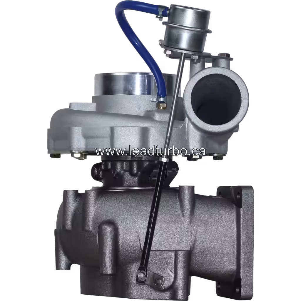 452281-5016 GT4294S turbocharger front view with silver compressor housing and blue actuator hose