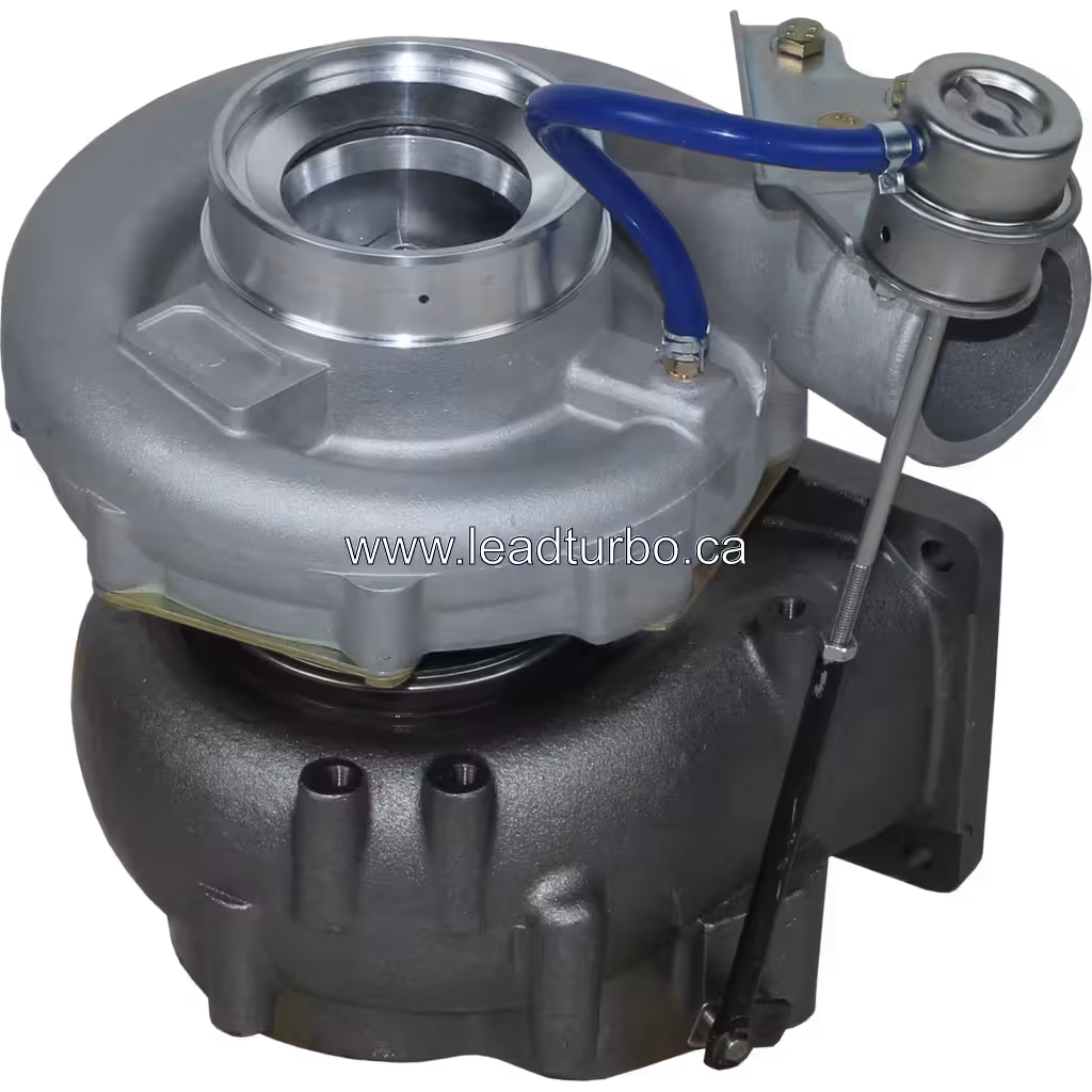 452281-5016 turbocharger top view showing dark grey turbine housing and control rod related hardware