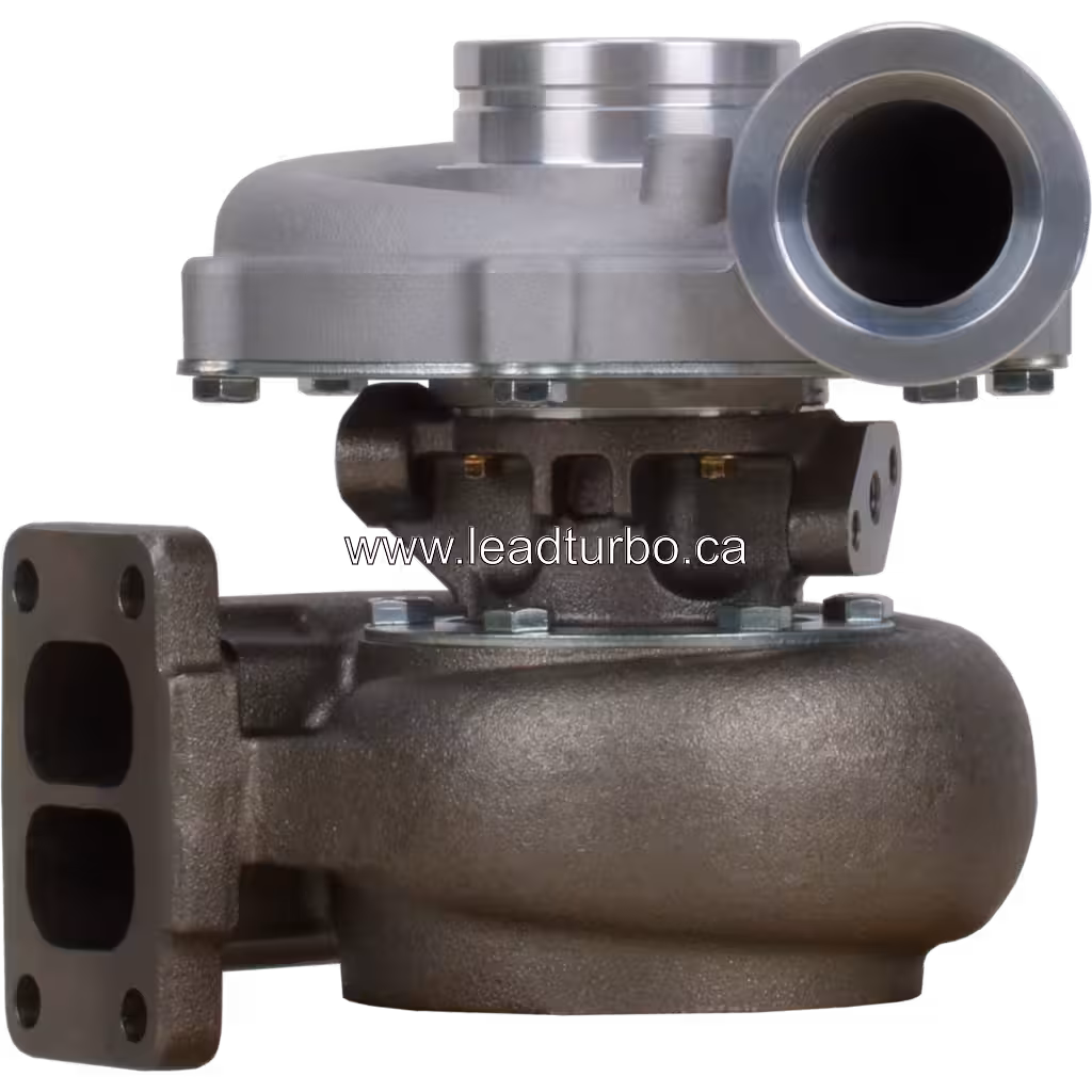466588-5003 TO4E04 turbocharger front view with cast-iron turbine housing and compressor outlet