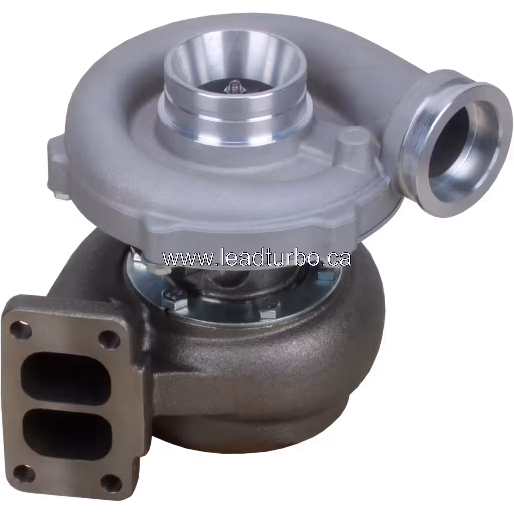 TO4E04 turbocharger top view showing rectangular exhaust flange and central bearing housing