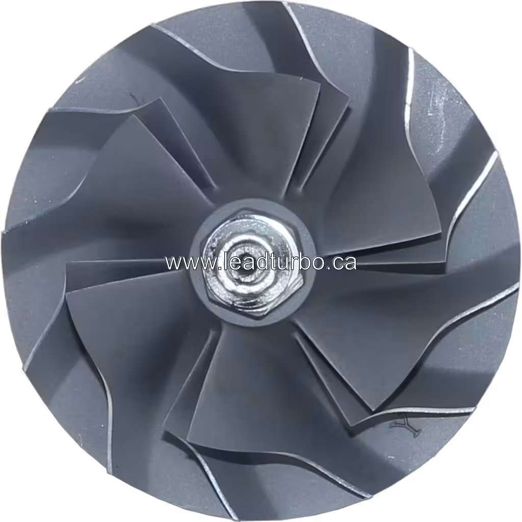 J96 Turbocharger Rotor Assembly top view with curved turbine and compressor wheels