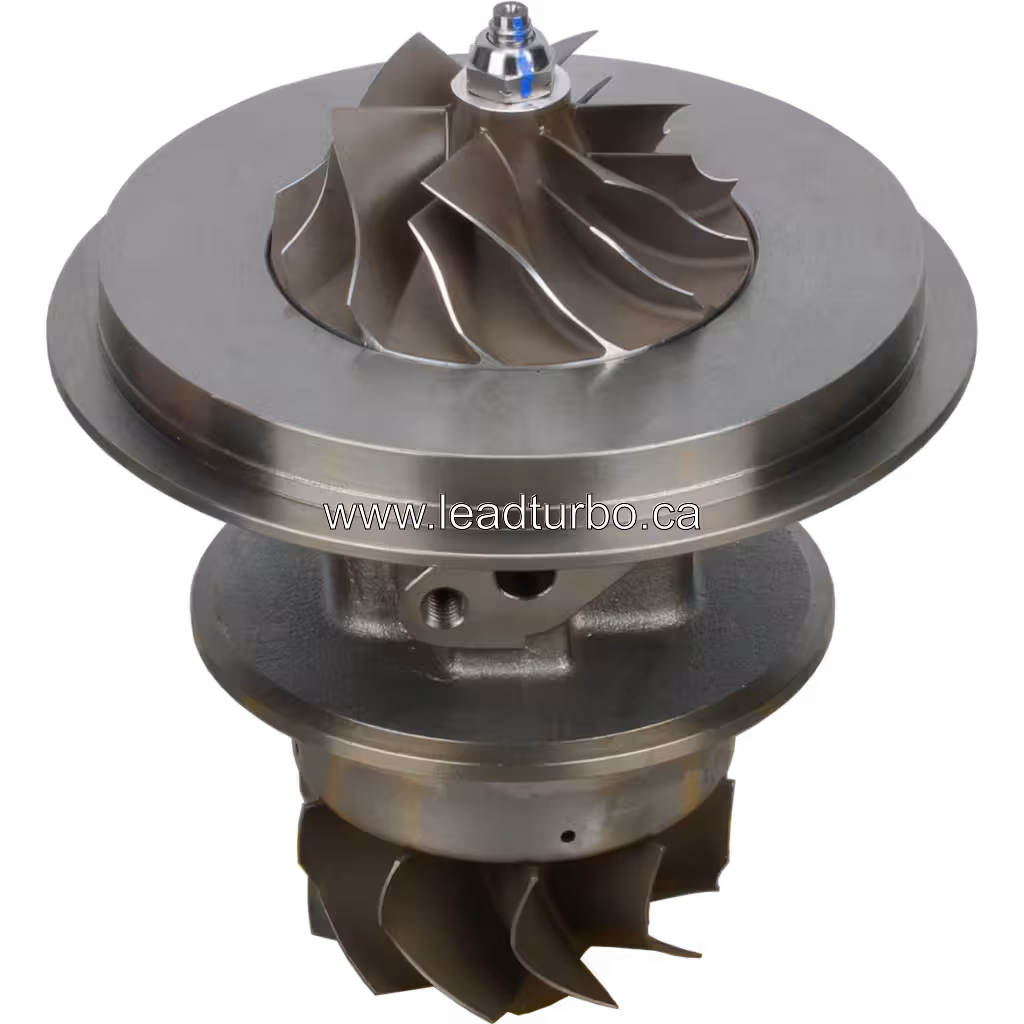 45-degree top view of CAT 3406W turbo core with compressor wheel