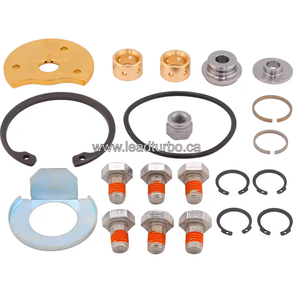 J96 turbo repair kit layout with gold flanges, bushings, and retaining rings