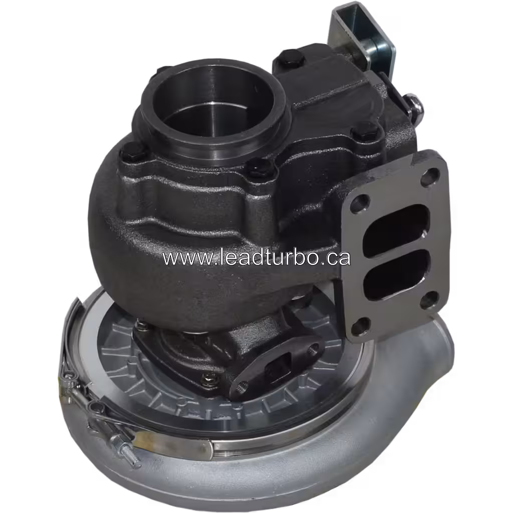 Turbocompresseur 4035199 HX35 vue de dessous à 45 degrés avec bride d'échappement à deux ports